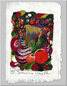 <span style="font-weight: bold">Ohne Titel</span><br />Johanna Kerwitz, ca. 11 x 15 cm, handgeschöpftes Papier, Seide, Mischtechnik